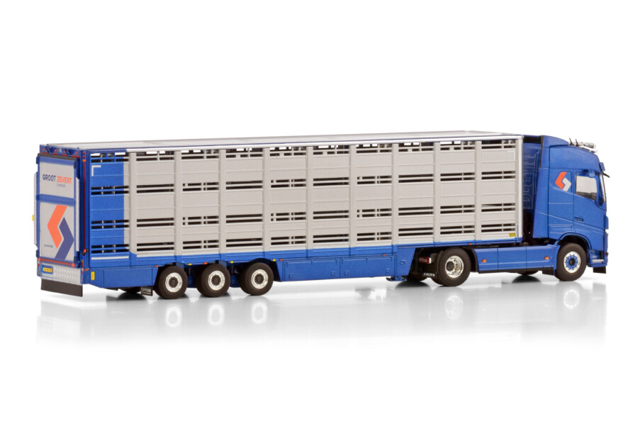 Volvo FH4 Globetrotter 4x2 Groot Zevert cu semiremorcă pentru transport animale, Blue, scala 1 50 WSI Models.
