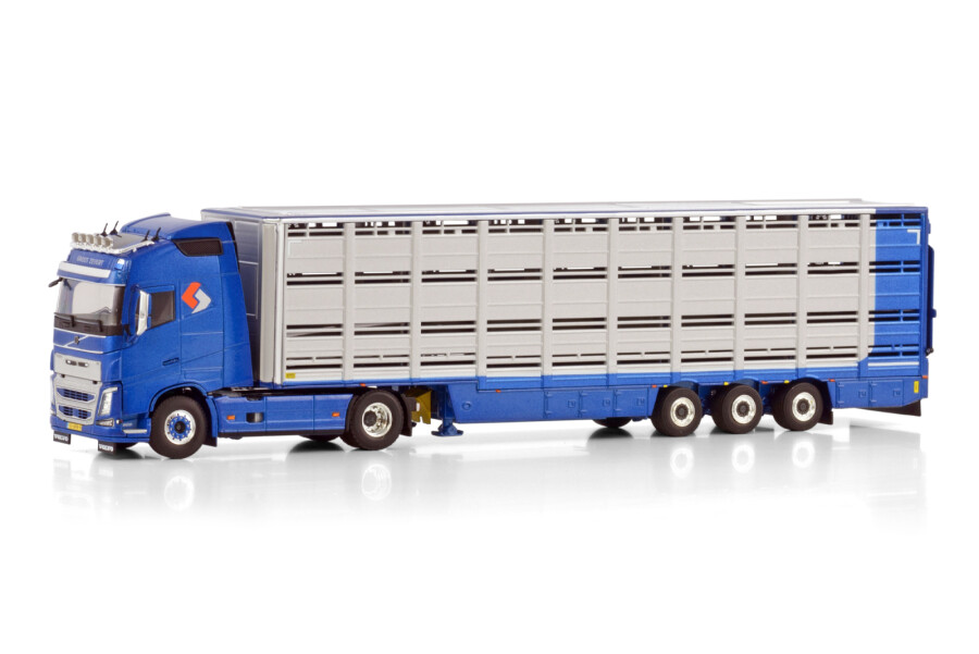 Volvo FH4 Globetrotter 4x2 Groot Zevert cu semiremorcă pentru transport animale, Blue, scala 1 50 WSI Models
