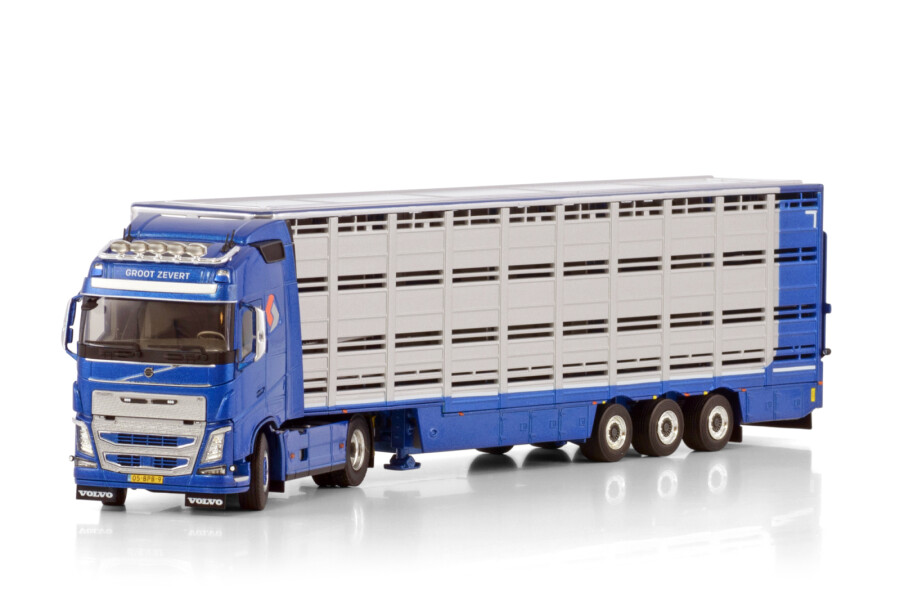 Volvo FH4 Globetrotter 4x2 Groot Zevert cu semiremorcă pentru transport animale, Blue, scala 1 50 WSI Models...